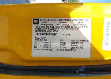 2006 Hummer H2 Suv из США, поврежденный, VIN 5GRGN23U26H109997